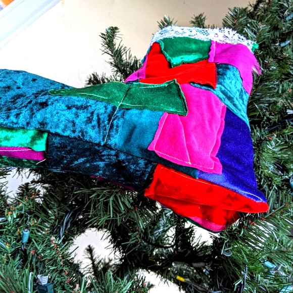 Santa's Boot Christmas Stocking Velvet Lace Denim OOAK Handmade Cabin Boho - Picture 9 of 9